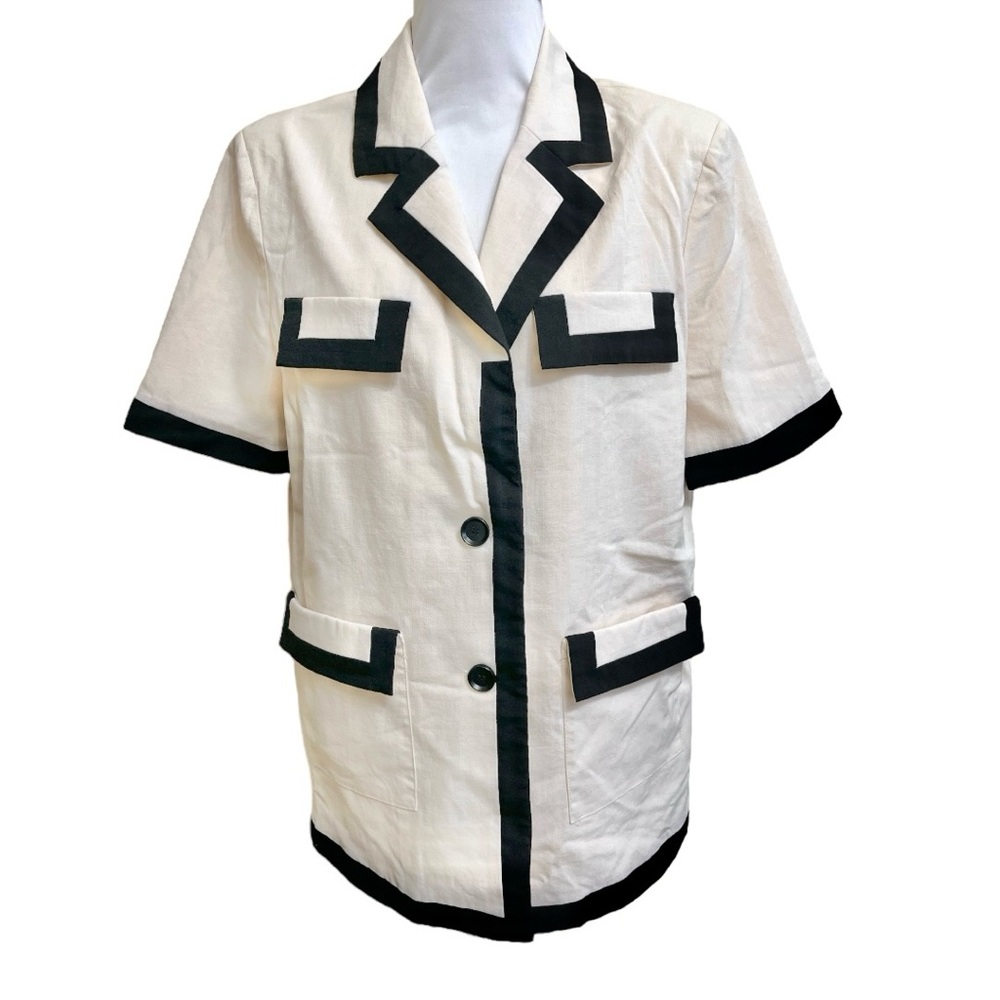 KISSIS STUDIO Cream Black Short Sleeves Vintage Button Loose Fit Blazer size S
